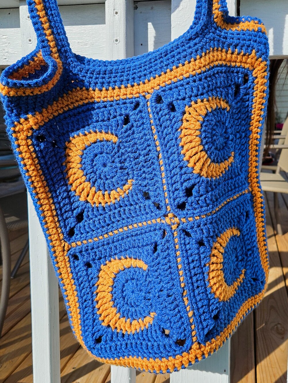 Blue And Gold Moon Patterned Crochet Tote Bag
